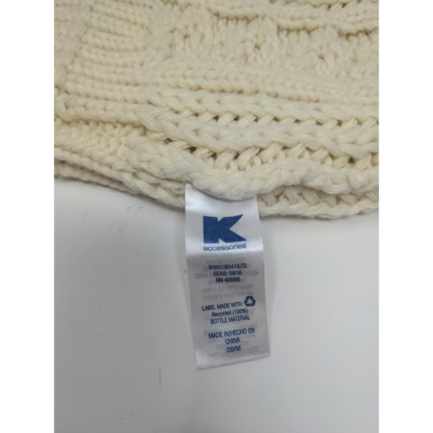 K Accessories Cable Knit Beanie Hat Cream 100% Recycle Material