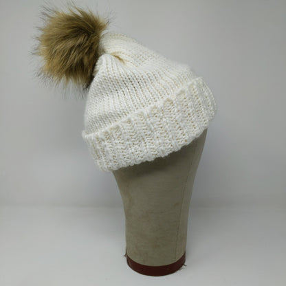 Lauren Conrad Knit Beanie Hat White Cream Faux Fur Pom Pom W/ Pin
