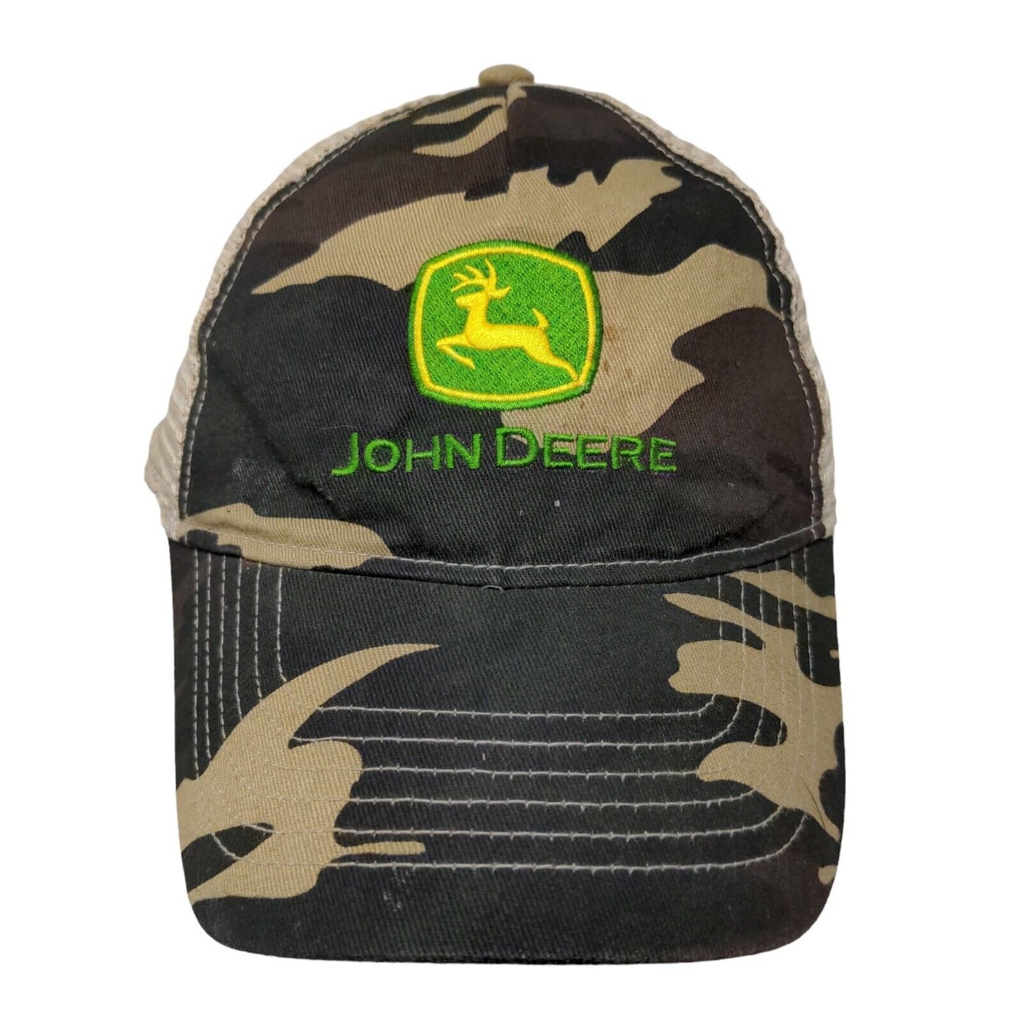 John Deere Men's Snapback Mesh Back Hat Tan Camouflage Size L-XL Embroidered