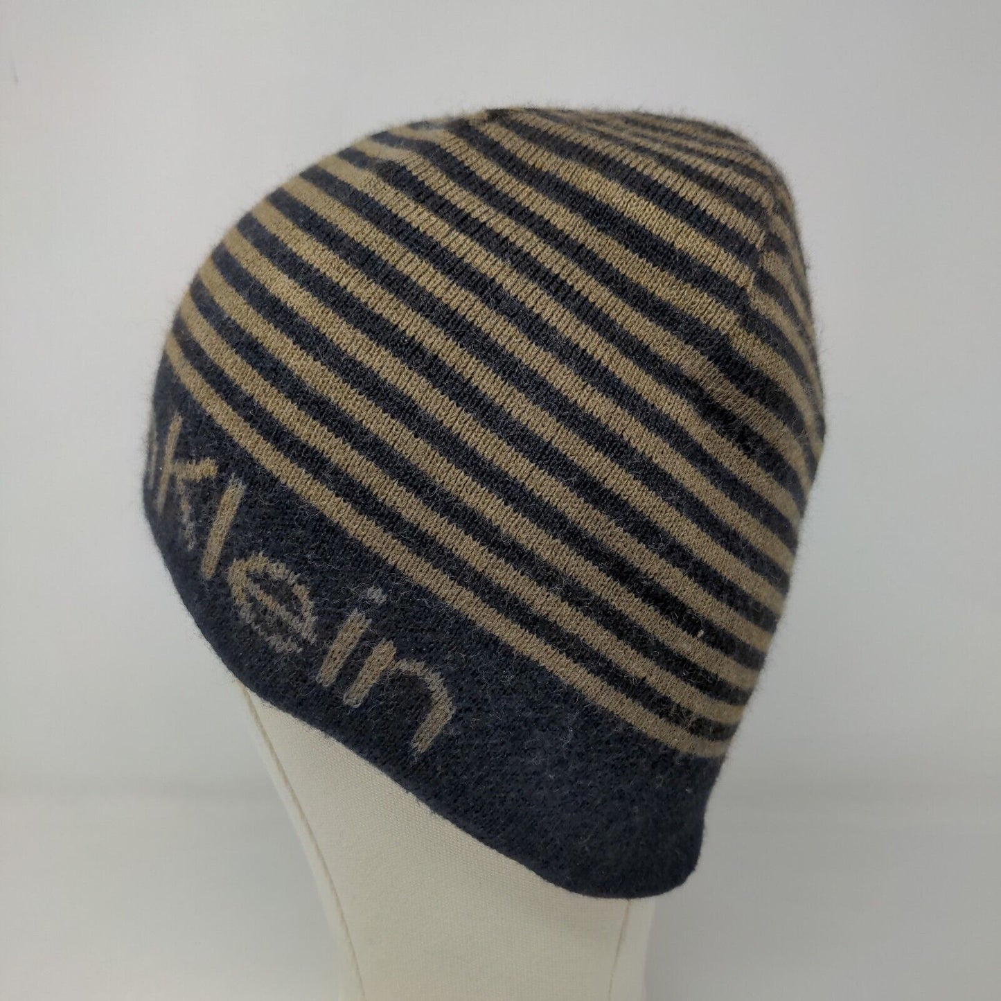 Calvin Klein Men's Beanie Hat Black 100% Acrylic Striped Spell Out