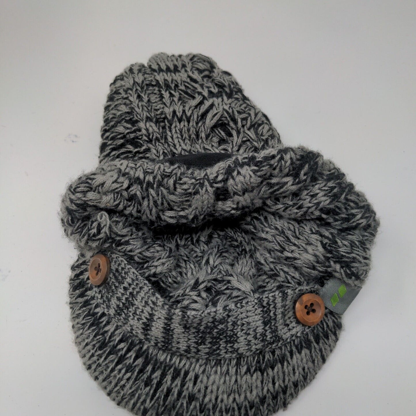 Beanie Hat W/ Bill Lined Soft Warm Black Gray Button Accents