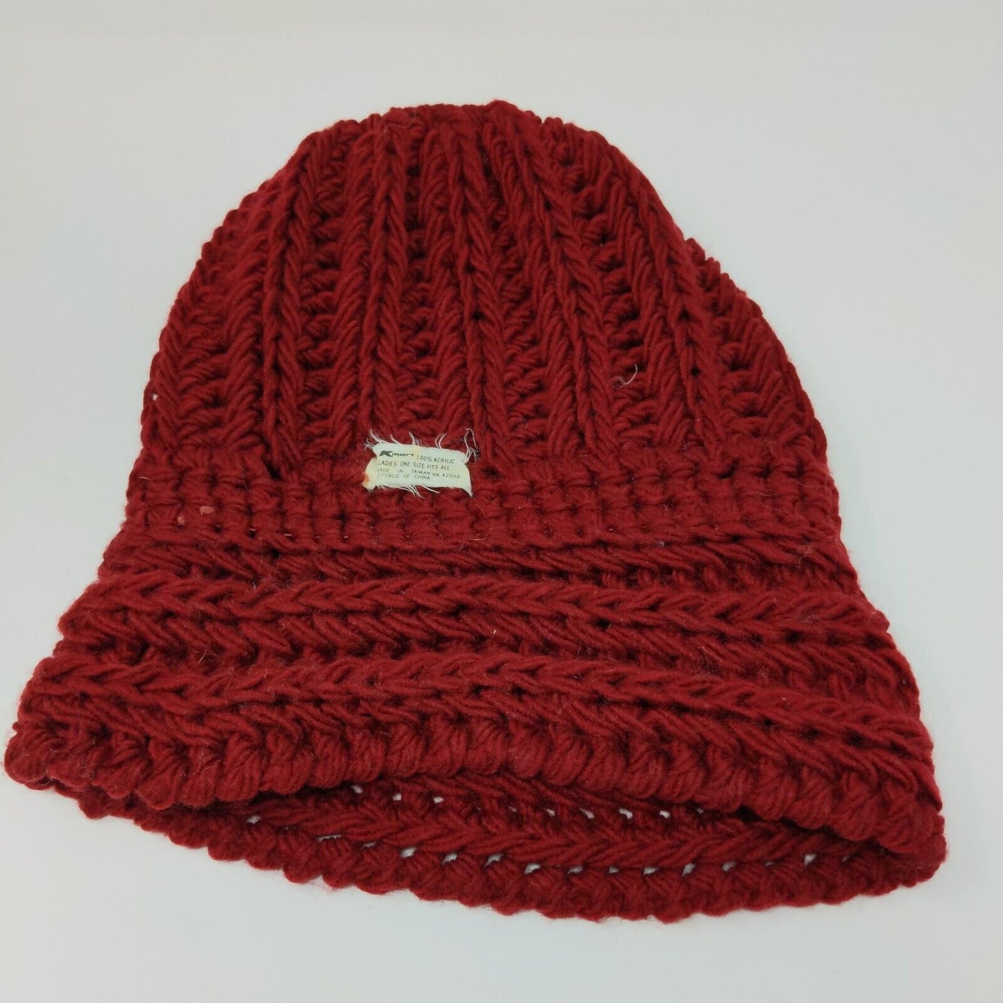 KMart 100% Acrylic Ladies Crochet Beanie Hat Cap Red OSFA Cable Knit