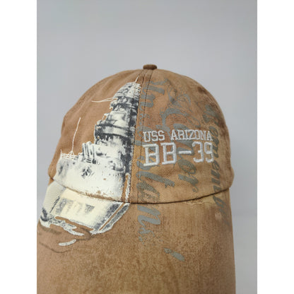 USS Arizona BB-39 Strapback Hat WWII Pearl Harbor Brown Embroidered Text