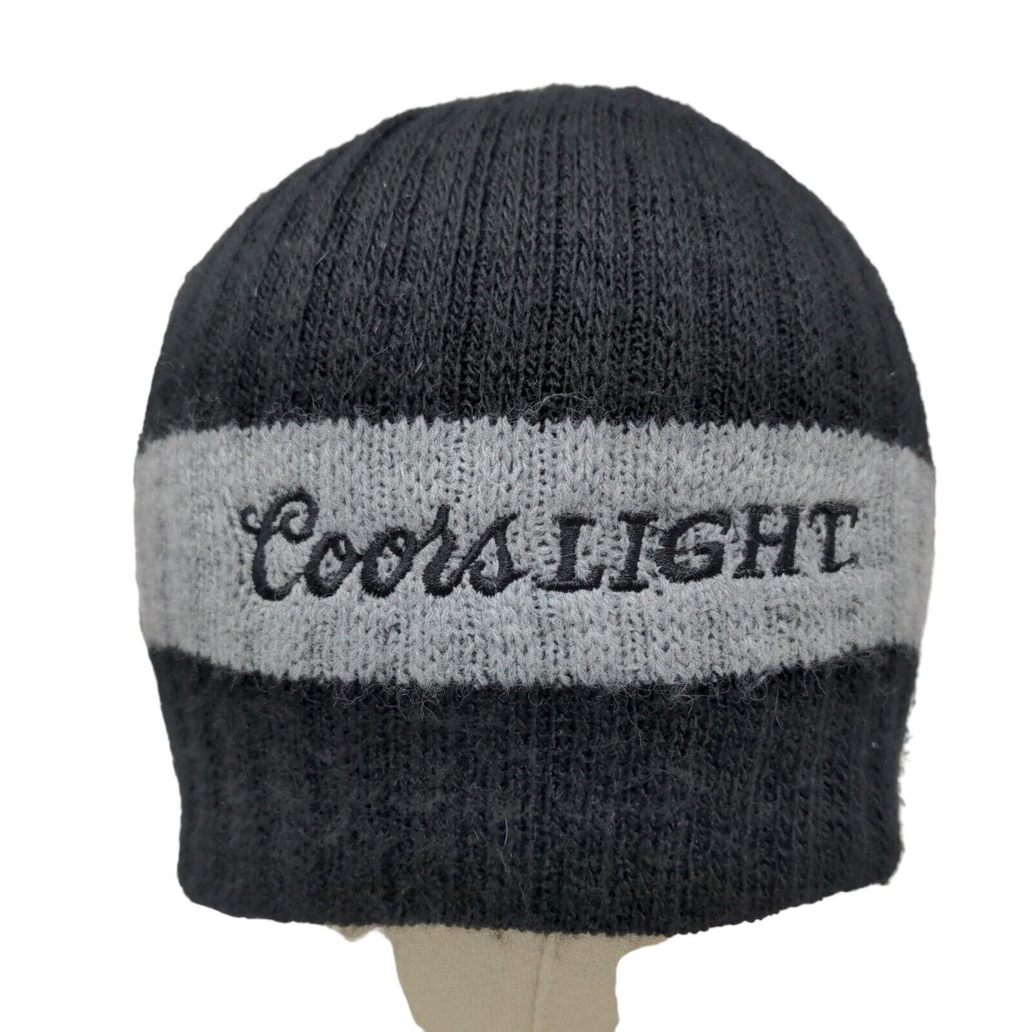 Coors Light Men's Knit Beanie Ski Cap Hat Black Gray Striped Embroidered Logo