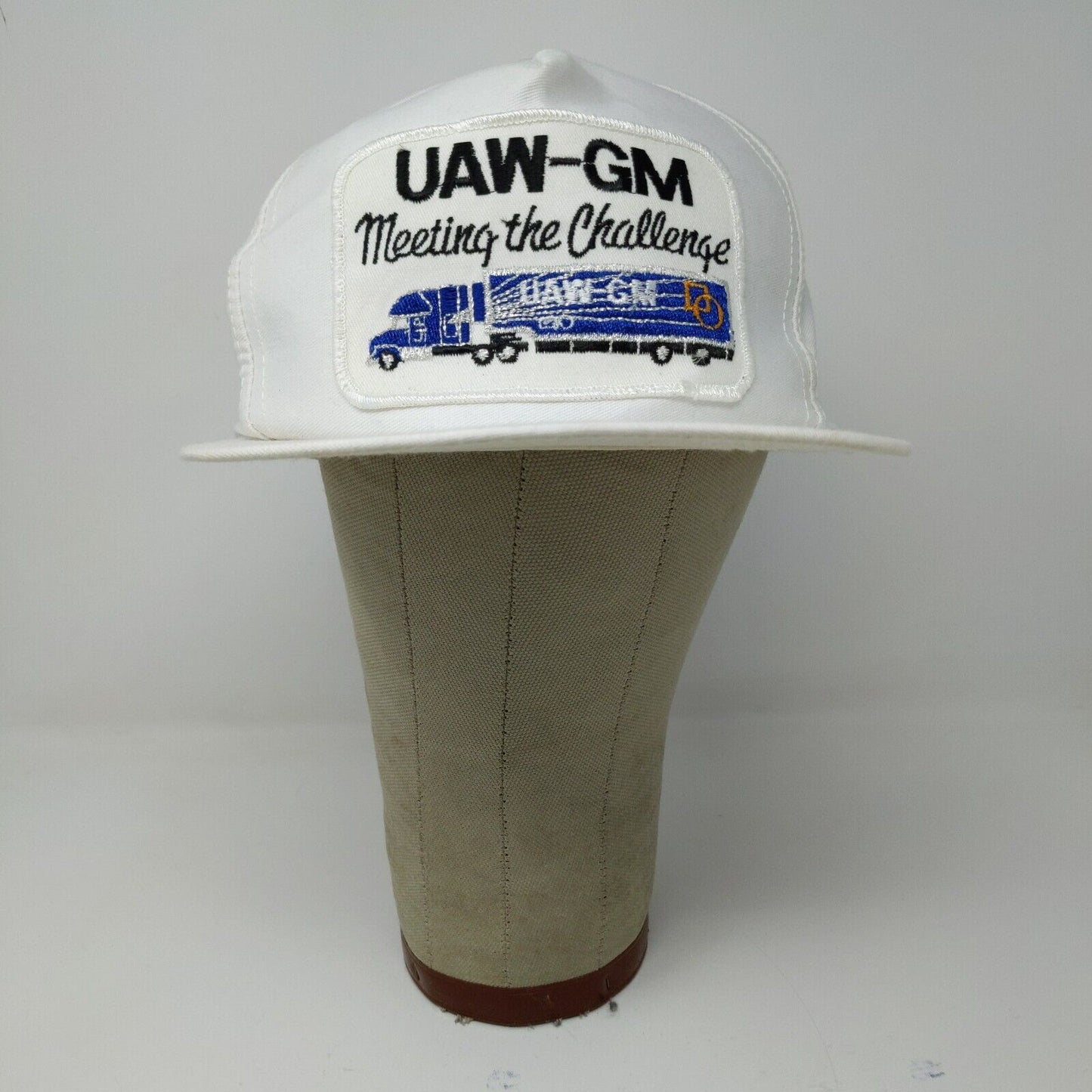 VINTAGE General Motors Hat White Strap Back Cap Trucker Patch Logo UAW GM 80s