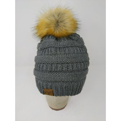 C.C. Exclusives Knit Beanie Hat Fur Pom Pom Gray 100% Acrylic