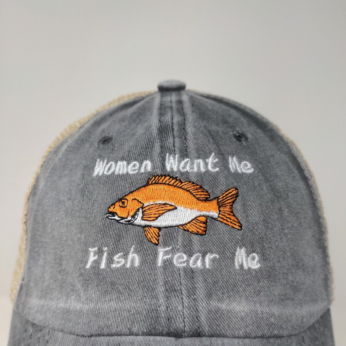 Unbranded Men's Women Want Me Fish Fear Me Slideback Mesh Back Hat Gray Tan