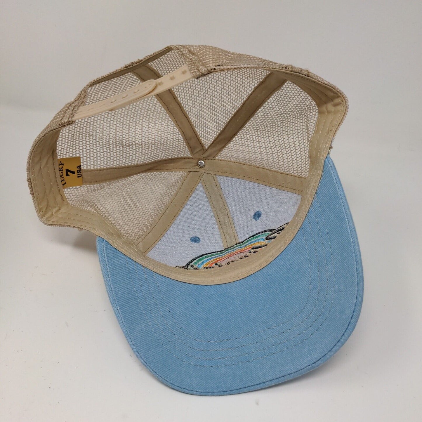 Virginia Beach 1906 Lucky 7 USA Meshback Snapback Blue Tan Hat Cap Embroidered