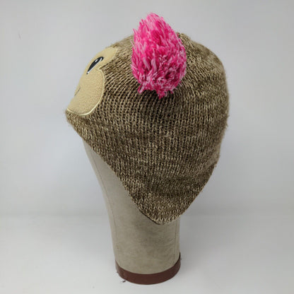 Knitted animal hat with ear flaps. Brown with pink Pom Poms.