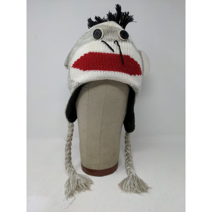 Sock Monkey Knit Beanie Hat Cap Button Eyes 100% Acrylic Gray White