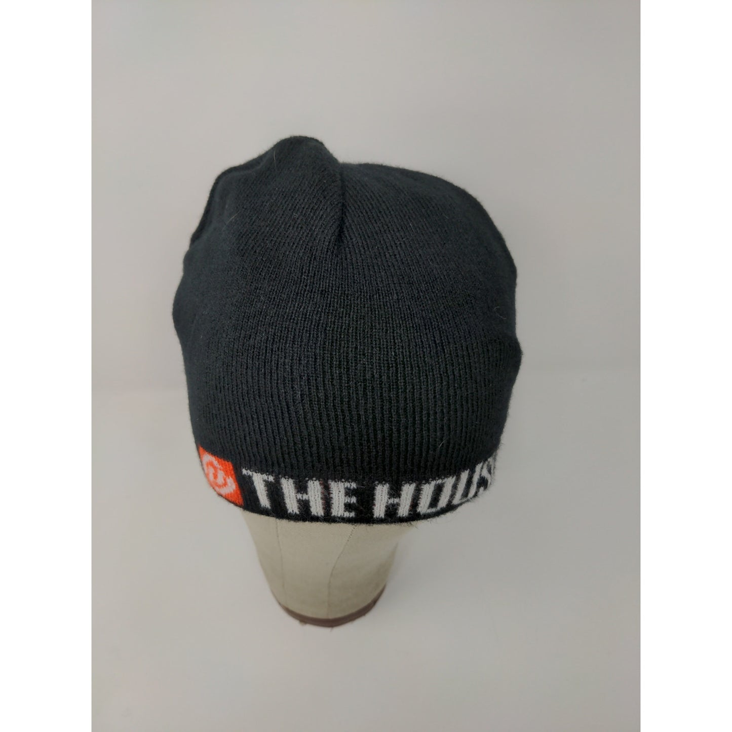 The House Striped Beanie Hat Orange & Black Spell Out Logo Knit
